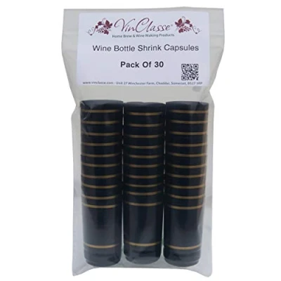 Image of VinClasse Wine Bottle Shrink Capsules/Caps Pack of 30 Black with Gold Bands