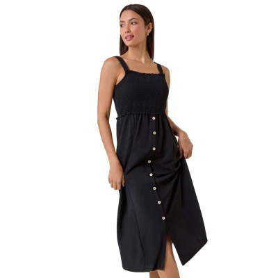 Image of Roman Petite Women Tropical Print Shirred Maxi Dress Ladies Spring Everyday Summer Holiday Frill Hem Detail Comfy Sleeveless Soft Length Frock Vacation Gowns Plain Black Size 18
