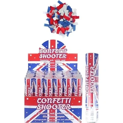 Image of Union Jack Confetti Cannon with Blue, White and Red Biodegradable Paper 20cm Shooter for Celebration BBQ Great Britain British Party Decorations