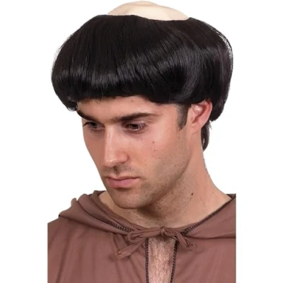 Image of Smiffys Monk&#039;s Wig, Black Short, with Plastic Top, Saints and Sinners Fancy Dress, Adult Dress Up Wigs