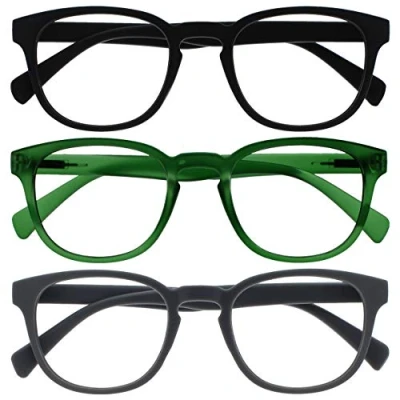 Image of Opulize Pop Reading Glasses 3 Pack Fun Round Matt Frame Black Moss Green Grey Spring Hinges Scratch Resistant Mens Womens RRR2 167 +1.50