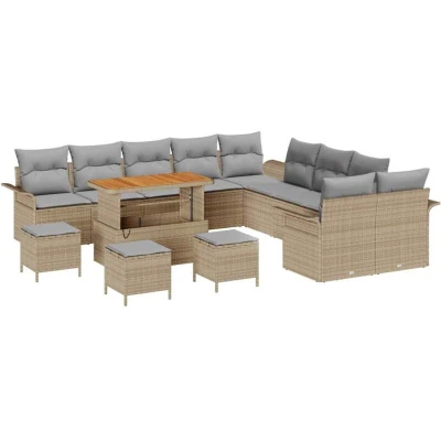 Image of vidaXL 14 Piece Garden Sofa Set with Cushions Beige Poly Rattan Acacia