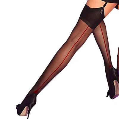 Image of Yummy Bee Stockings for Suspenders Sheer Seamed Women Plus Size 8 18 (Black Red, M)