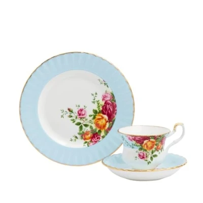 Image of Royal Albert Teaware &amp; Coffee Sets, High Quality Bone China, Old Country Rose Teacup Saucer Plate, Aqua, 3pcs