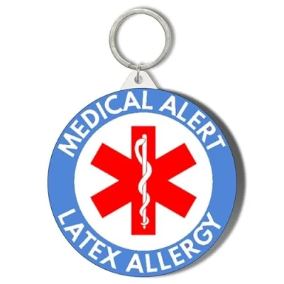 Image of Gift Insanity MEDICAL ALERT BLUE BACKGROUND LATEX ALLERGY 58mm Keyring