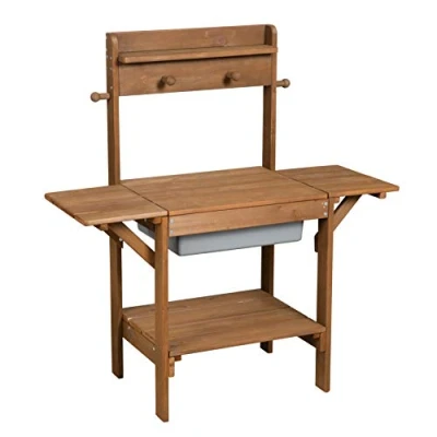 Image of roba Midi mud Kitchen, Children&#039;s Outdoor Garden Kitchen Made of Weatherproof Solid Wood, Play Including Plastic tub with lid, Burrow and Table, Teak Wood Colour, for Water Sand