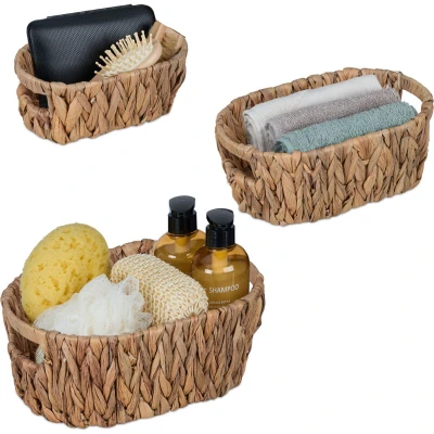 Image of Relaxdays Storage Basket, Set of 3, for Bathroom, Living Room &amp; Bedroom, Organiser, Woven Boxes, Water Hyacinth, Natural, Plant fibre, Various sizes