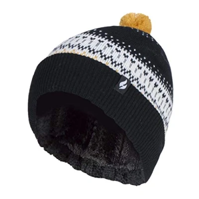 Image of HEAT HOLDERS Ladies/Womens Retro Knitted Beanie Bobble Hat with Small Faux Fur Pom (One Size, Black)