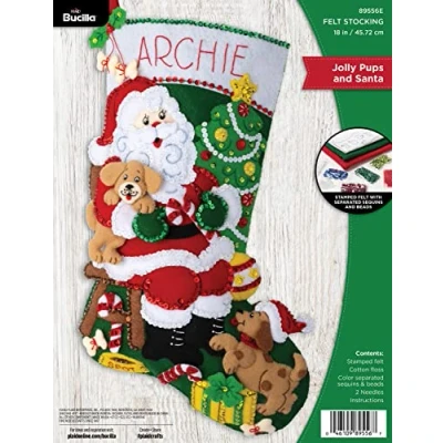 Image of Bucilla Felt Applique 18&quot; Stocking Making Kit, Jolly Pups Santa, Perfect for DIY Arts and Crafts, 89556E