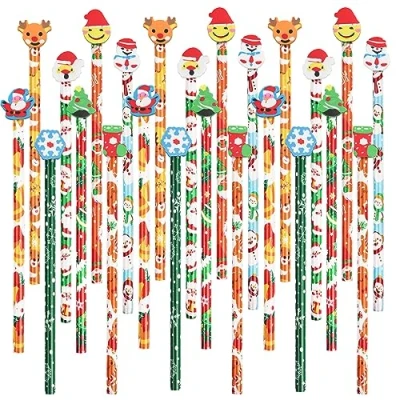 Image of VEYLIN 32 Christmas Pencils Bulk for Kids Wood with Erasers Winter Holiday Gifts School Party Favors Supplies