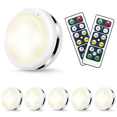 Image of Cadrim Night Lights 6 Pack Under Cabinet Closet Lighting Wardrobe Cupboard with Remote Controls Battery Powered LED Kitchen Bookcase Showcase Brightness Adjustable Wireless Timer
