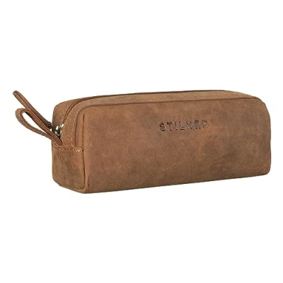 Image of STILORD &#039;Linus&#039; Pencil Case Leather Pen Pouch Office University College Women Men Stationary Vintage Leather, Colour:tan Dark Brown