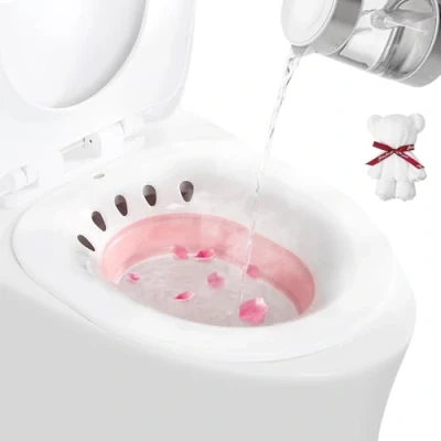 Image of DEANIC Foldable Sitz Bath for Toilet Hemorrhoids Treatment and Post Partum Care, Yoni Steam Seat Pregnant Women, Bidet Bowl with 1 Towel (Pink)