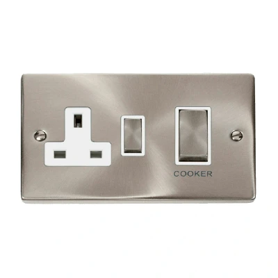 Image of Click Deco VPSC504WH Satin Chrome ‘Ingot’ 45A Cooker Switch with 13A Switched Socket White Insert