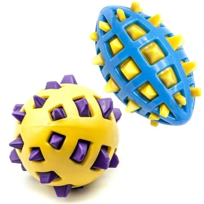 Image of Petopedia 2 X SPIKE Dog BALLS Chew Toys for Dogs Rugby Ball SQUEAKY Teething Spiky Interactive Boredom (1 PAIR (2 Balls), with Spike)