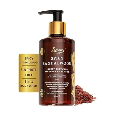 Image of L&#039;amour Natural Spicy Sandalwood Luxury Face Wash, Body Wash &amp; Shampoo Essential Oils Sulphate Free Gentle for dry and sensitive skin 250mL