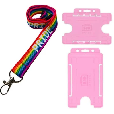 Image of 20mm Rainbow Pride Printed Neck Lanyard with Safety Breakaway &amp; Double Pink ID Card Holder (Horizontal Holder)