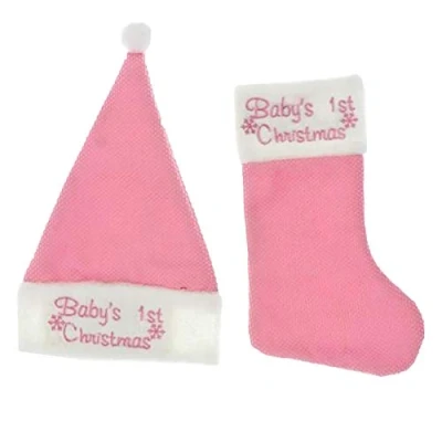 Image of Winter Wonderland Baby&#039;s 1st Christmas Stocking &amp; Hat Set Pink White