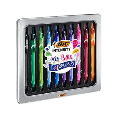 Image of BIC Gel ocity Quick Dry, Ink Pens with Full Grip Barrel, Assorted Colours, in Metal Tin, My Box of Pack 10