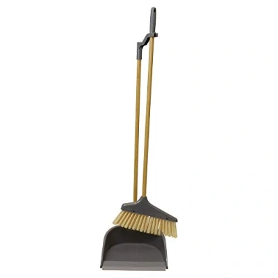 Image of JVL Bamboo Long Handle Dustpan and Bristle Brush Set, Natural, 81cm approx