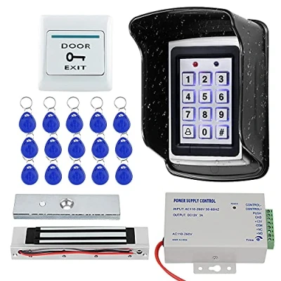 Image of KUMU 7612 Outdoor Waterproof RFID Door Access Control System Metal Keypad+180KG Magnetic Lock+Rainproof Cover+Exit Button+15pcs Keyfobs for Home/Office,Black
