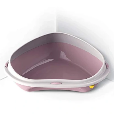 Image of Cat CENTRE Pink Jumbo Corner Open Litter Tray With Rim Kitten Pet Toilet Plastic Loo Pan Box Anti Spillage Lowered Entry Step Rounded Corners Detachable Easy Cleaning No Spilling