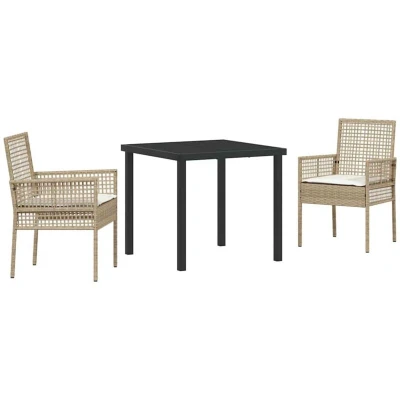 Image of vidaXL 3 Piece Garden Dining Set with Cushions Beige Poly Rattan