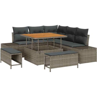 Image of vidaXL 8 Piece Garden Sofa Set with Cushions Grey Poly Rattan Acacia