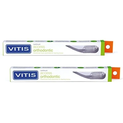 Image of 2 pack Vitis orthodontic Toothbrush Access Compact head Smaller brush that is designed specifically to remove oral biofilm from around appliances , Flexible neck provide optimal cleaning angle