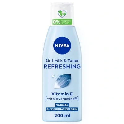 Image of NIVEA 2 in 1 Refreshing Milk &amp; Toner (200ml), Face Cleanser with Vitamin E and Hydramine, Deeply Cleanses, Tones, Intensively Moisturises Skin, Make Up Remover