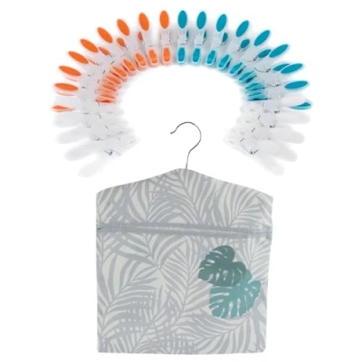 Image of Beldray COMBO 9045 Peg Bag &amp; Pegs Palm Print Clothespin Storage Sack with Hanger, 24 Pack Durable Clothes Pegs, Rust Moisture Resistant, Recycled Plastic, for Washing Line, Indoor/Outdoor