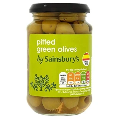 Image of Sainsbury&#039;s pitted Green olives 350g Manzanilla in brine.