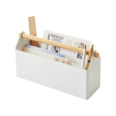 Image of Yamazaki 4152 TOSCA Pen &amp; Letter Stand, white, Steel/Wood, Minimalist, 27 x 8.5 13.5 cm