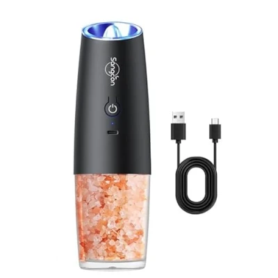 Image of Sangcon Gravity Electric Salt and Pepper Grinder Set, USB Rechargeable, with LED Light, One Handed Operation, Automatic Grinding, Adjustable Coarseness (1 Pack)