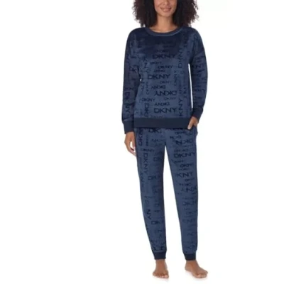 Image of DKNY Ladies Lounge Set Luxurious Plush Stretch Velour 2 Piece UK SIze Velvet Tracksuit For Women (Navy, M)
