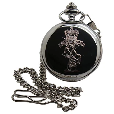 Image of REME Army Pocket Watch Silver Military Crest Wooden Case Electrical Mechanical Engineers