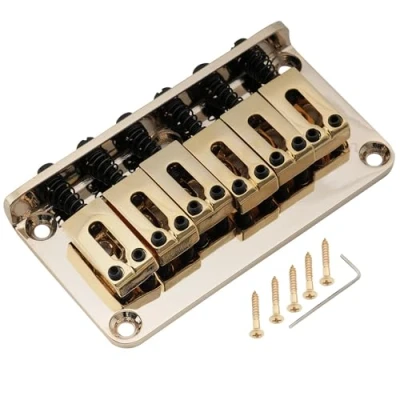 Image of Musiclily Pro 52.5mm Modern Hardtail Fixed Bridge for Strat Tele Style Electric Guitar, Gold
