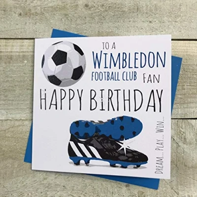Image of WHITE COTTON CARDS Wimbledon Dons FC Football Club Fan Birthday Card BOOTS &amp; BALL DESIGN (FFP57)