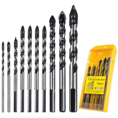 Image of HPMAISON Tile Drill Bits, 10Pcs Tungsten Carbide Tip Bit Set, Industrial Strength Bits for Ceramic Tile, Glass, Brick, Cement, Plastic, Wood, 3 4 5 6 8 10 12mm