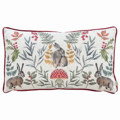 Image of Evans Lichfield Mirrored Hare Watercolour Printed Piped Filled Cushion Burgundy Size 30 cm x 50