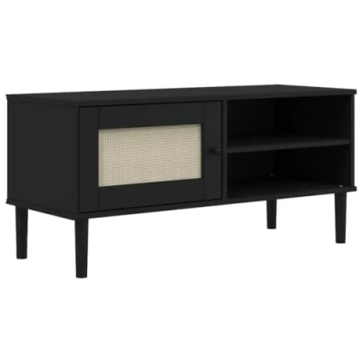 Image of vidaXL SENJA TV Cabinet Unit Stand with Rattan Look Black Solid Pine Wood 3 Compartments &amp; 1 Door 106x40x49 cm