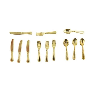 Image of Melody Jane Dolls House Gold Cutlery Set 4 Place Settings Dining Room Tableware 1:12