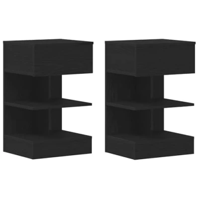 Image of vidaXL bedside cabinet set black oak finish compact rectangular table with drawer &amp; shelves bedroom storage solution particle board