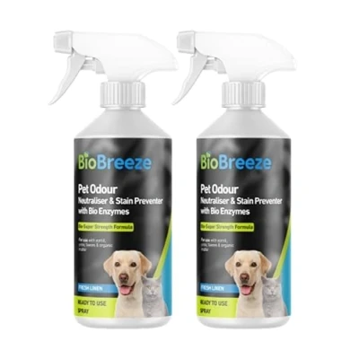 Image of BioBreeze Pet Stain And Odour Remover Spray With Bio Enzymes Urine Carpet Cleaner Powerful Enzymatic Formula For Dogs &amp; Cats Fresh Linen 500ml (Pack of 2)