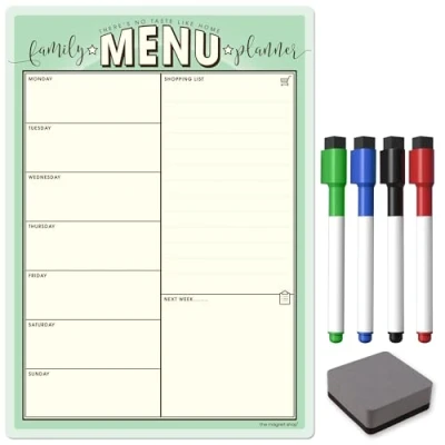 Image of The Magnet Shop Weekly Family Menu Planner A4 Dry Erase Meal Planner, Whiteboard and Shopping List for your Home, Kitchen, Fridge with 4 Wipe Pens Eraser (Pistachio, A3)