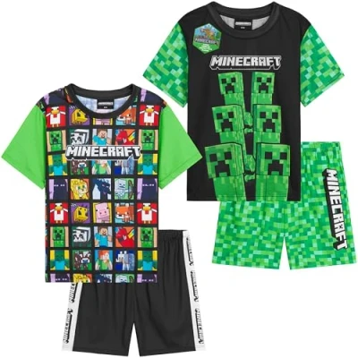 Image of Get Trend Minecraft PJs for Boys 2 Pack Short Sleeve Pyjamas Set Kids Teenagers Creeper Lounge Sets Nightwear Soft Comfy Sleepwear Gifts (11 12 Years, Green Minecraft)