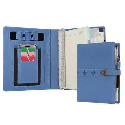 Image of WASON A5 Diary PU Leather Composition Notebook Ruled Binder Journal with Pen, Refillable Paper, Removable Clipboard Portfolio, Notepad for Business Travel School Planner Organizer (Light blue)