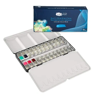 Image of Artina Watercolour Palette with 48 Half Pans Colaro Refillable Paint Box for Mixing 48x Empty Water Colours in Foldable Metal Case Incl. Brush Pen