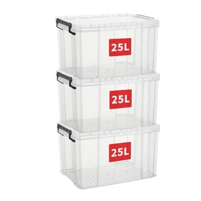 Image of Cetomo 25L*3 Storage Boxes, Stackable Box with Lids, Heavy Duty Lidded Container Reinforced Corners, Vertical Sides and Clip Closure, Durable, Plastic, Clear, 25L 3Pack
