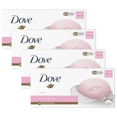 Image of Dove Pink Moisturising Beauty Cream Bar 3 in 1 Cleanses, Moisturises and Nourishes Soap for Soft, Smooth Skin Vegan, Crealty Freee Dermatologically Tested 6x90g, 4 Pk